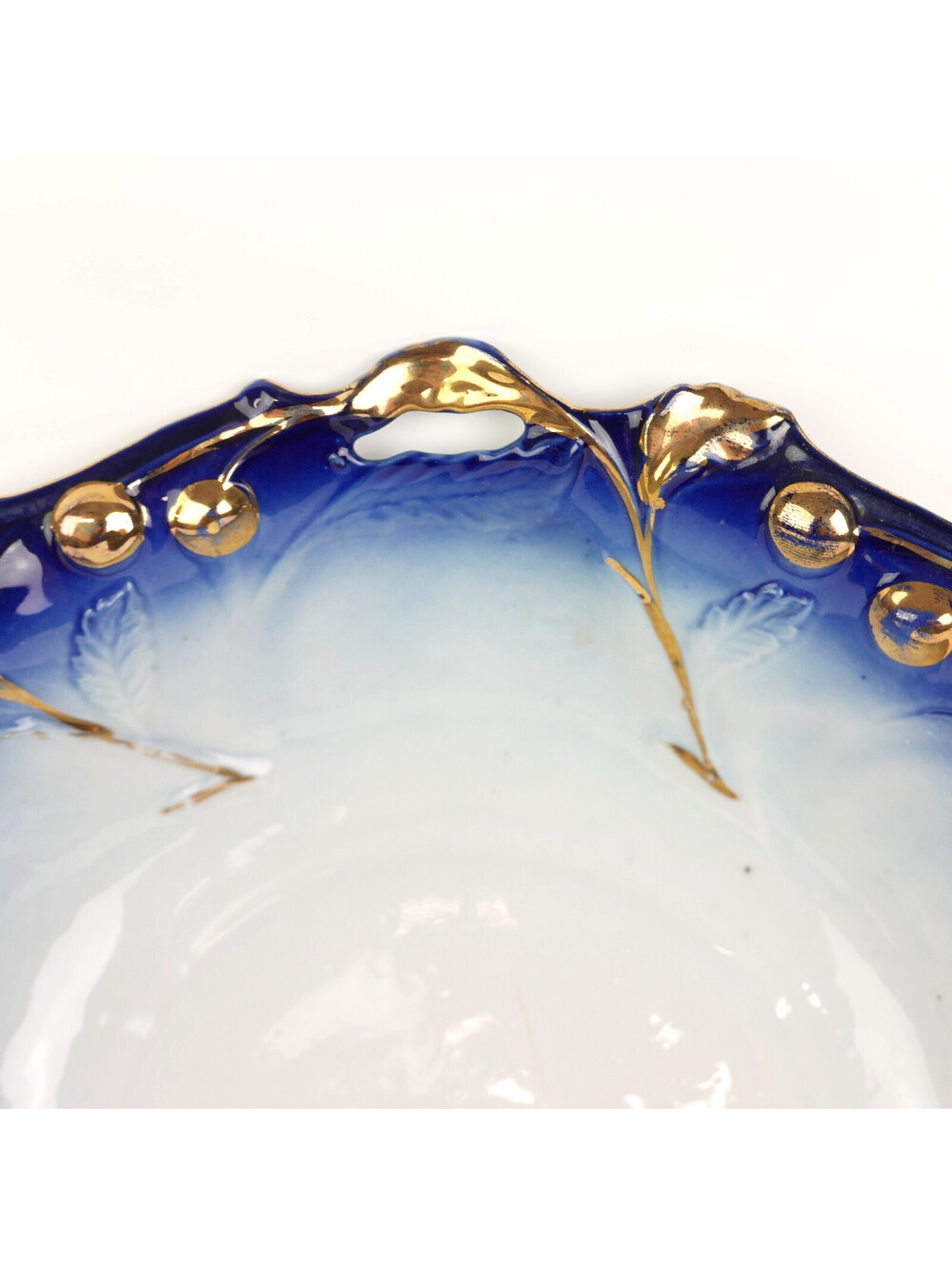 Antique Flow Blue Porcelain Bowl 10.4" Gold Gilt Embossed Cherries Openwork Rim - Picture 4 of 12